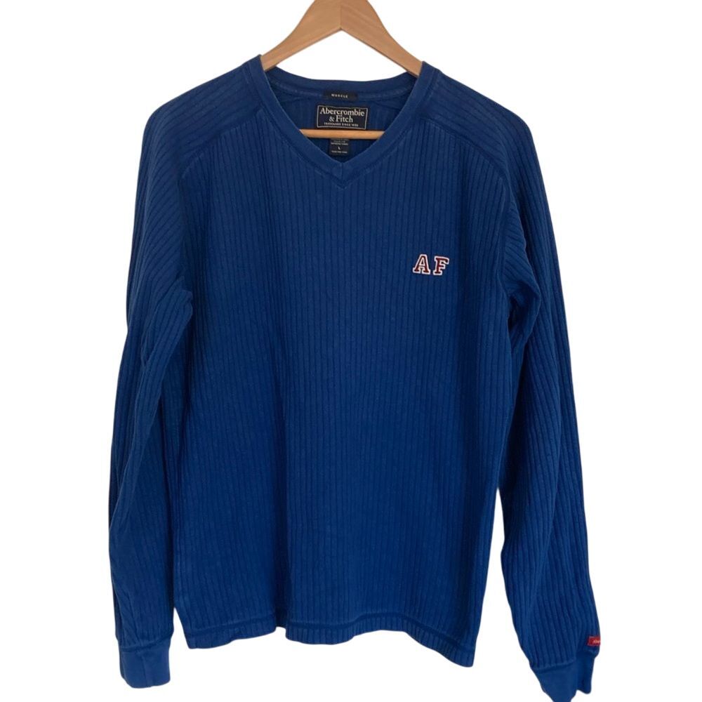 Abercrombie & Fitch Mens Muscle V Neck Long Sleeve Pullover Shirt‎ Size L Blue